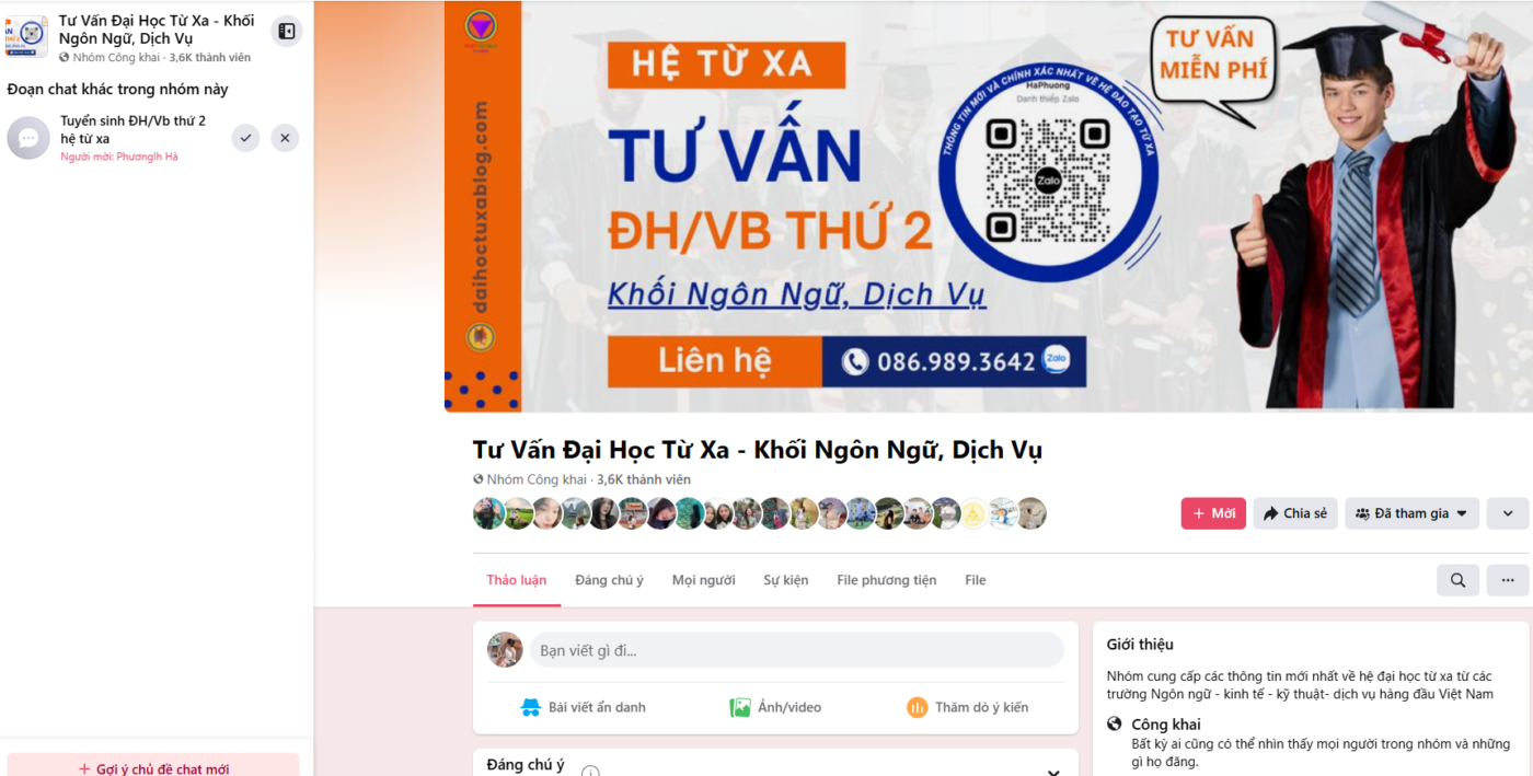 Group Facebook khối ngôn ngữ dịch vụ đào tạo hệ từ xa