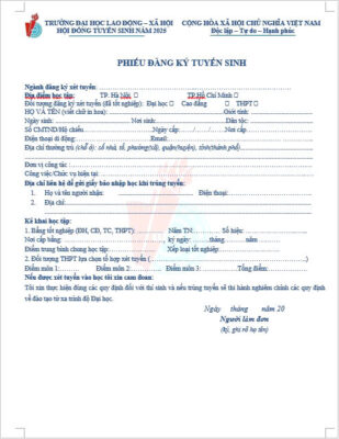Phiếu đăng ký xét tuyển đại học lao động - xã hội