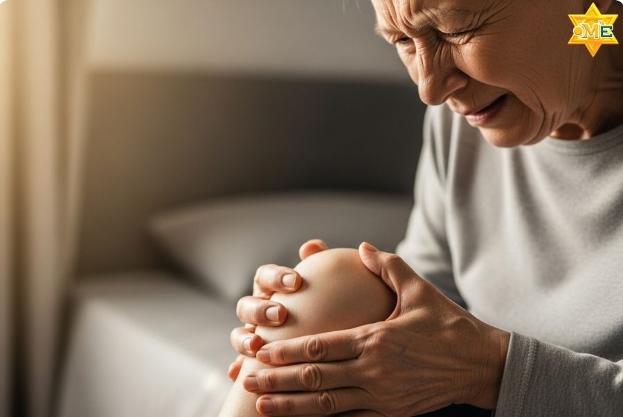 Một người lớn tuổi đang ngồi bên giường, tay xoa bóp đầu gối và nhăn mặt vì đau, minh họa cho triệu chứng đau và cứng khớp gối vào buổi sáng.